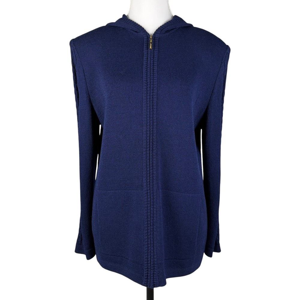 St John Sport Full Zip Hooded Cardigan Womens S Blue Wool Blend Cable Knit VTG